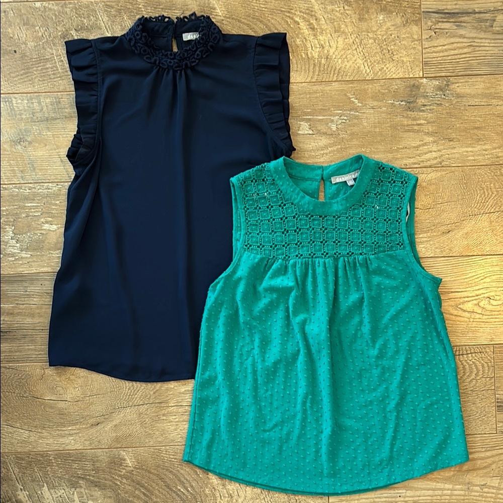 Lot of (2) Daniel Rainn XSP Extra Small Petite Sleeveless Blouses Navy & Teal